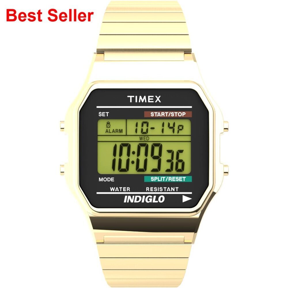 Gold-Tone Digital Watch with Chronograph and Alarm
